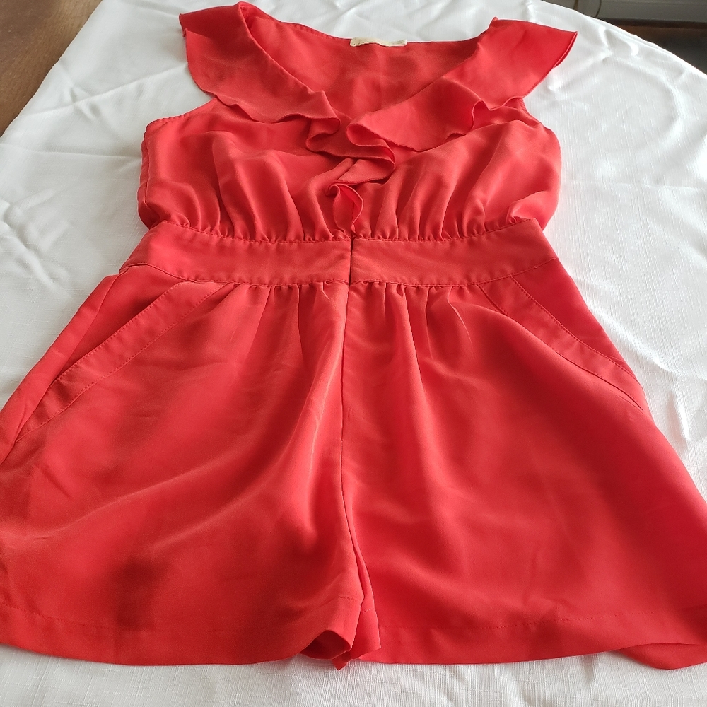Pins And Needles Romper Shorts Mini V neck pockets Ruffled Red Summer - Picture 2 of 11